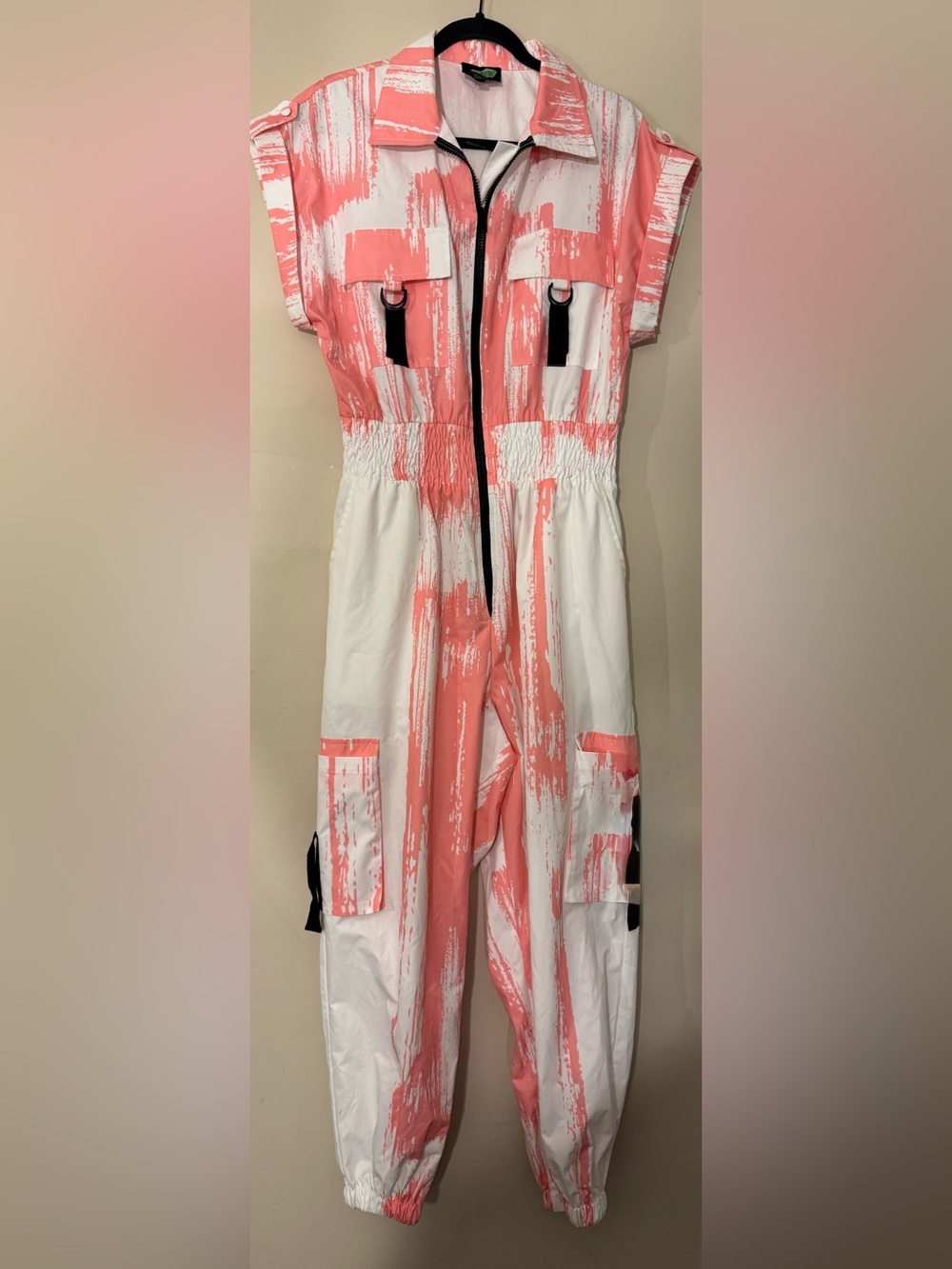 Women’s White & Coral Paint-Stripe Utility Jumpsuit